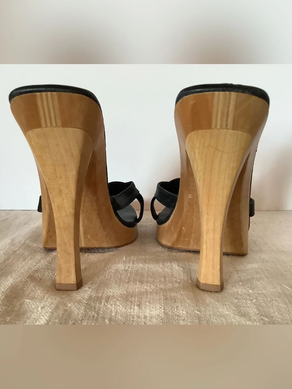 Rare Y2K USA Made Wood Leather Platform Heel Avant-Garde David & Saul. Sz 7